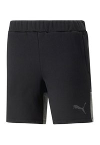 Zwarte sportshorts met een elastische tailleband, grijze zijpanelen, zijzakken en een klein grijs logo op het linkerbovenbeen. Zacht, gestructureerd materiaal.