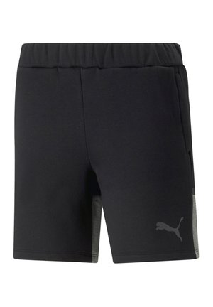 Shorts sportivi neri con cintura elastica, pannelli laterali grigi, tasche laterali e un piccolo logo grigio sulla gamba sinistra. Tessuto morbido e texturizzato.