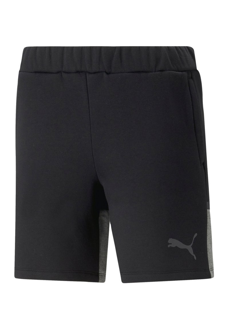 Zwarte sportshorts met een elastische tailleband, grijze zijpanelen, zijzakken en een klein grijs logo op het linkerbovenbeen. Zacht, gestructureerd materiaal.