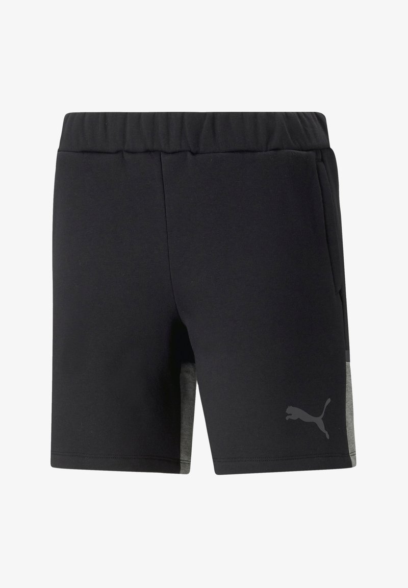Zwarte sportshorts met een elastische tailleband, grijze zijpanelen, zijzakken en een klein grijs logo op het linkerbovenbeen. Zacht, gestructureerd materiaal.