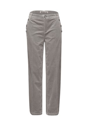 Pantaloni in corduroy grigi con un design a gamba dritta, dotati di chiusura con bottone, tasche laterali e bottoni decorativi sui lati.