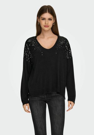 Maglione nero con scollatura a V, caratterizzato da dettagli in paillettes sulle spalle. Maniche lunghe e vestibilità comoda, realizzato in un tessuto morbido.