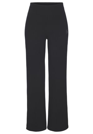 Schwarze gerippte, weite Hosen mit elastischem Bund. Mit kleinem Logo an der Seite für die Markenkennzeichnung. Weicher, strukturierter Stoff.