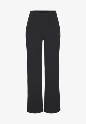 Pantalones de pierna ancha de canalé negros con cintura elástica. Presenta un pequeño logotipo en el lateral para branding. Tela suave y texturizada.