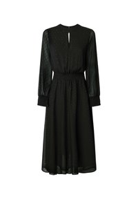 Musta mekko, jossa on pitkät, läpinäkyvät hihat ja gathered-vyötärö. Vaatteessa on avainaukko kaula-aukko ja hienovaraiset koristeelliset kuviot kauttaaltaan.