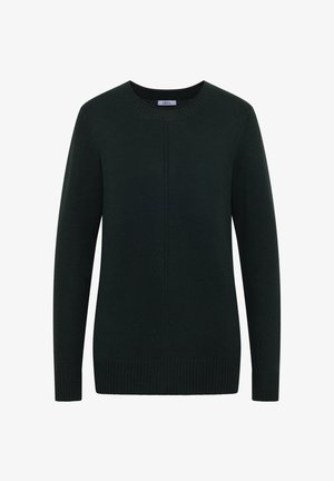 Suéter de punto verde oscuro con cuello redondo y mangas largas. Presenta puños y dobladillo acanalados, con un sutil detalle de costura vertical.