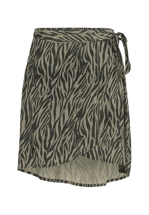 Wickelrock in einem schwarz-beigen Zebramuster. Hergestellt aus strukturiertem Stoff mit einer gebundenen Verschluss an der Taille und einem leicht asymmetrischen Saum.