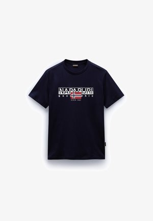 Navyblaue Baumwoll-T-Shirt mit kurzen Ärmeln, das einen grafischen Text in Weiß und Rot sowie ein Design der norwegischen Flagge zeigt. Klassischer Rundhalsausschnitt.