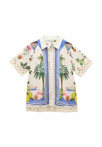 Short-sleeve button-up shirt made of cream fabric featuring colorful tropical patterns, embroidered lace trim, and a blue collar.