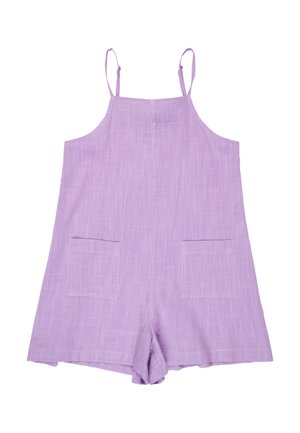 Fialový overal bez rukávov s nastaviteľnými tenkými ramienkami, štvorcovým výstrihom, prednými vreckami a voľným strihom.