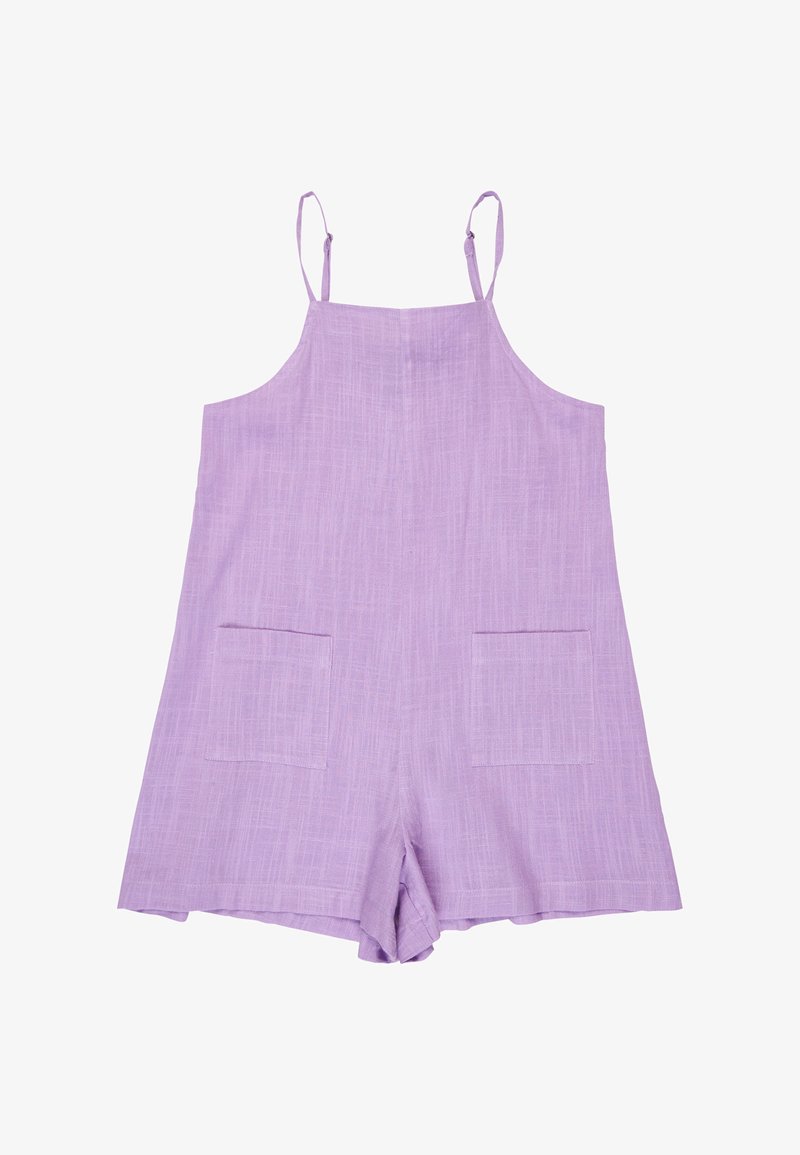 Fioletowy kombinezon bez rękawów z regulowanymi cienkimi ramiączkami, kwadratowym dekoltem, przednimi kieszeniami i luźnym krojem.