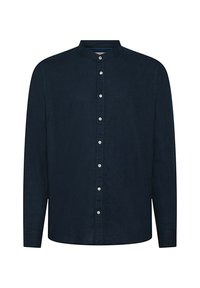 Camicia navy a maniche lunghe con colletto alla cinese, realizzata in tessuto testurizzato, con chiusura a bottoni e discreto dettaglio del logo.