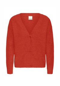 Cardigan rosso lavorato a maglia con scollo a V, maniche lunghe e due chiusure ad anello davanti. Tessuto morbido e dettagli a costine all'orlo.