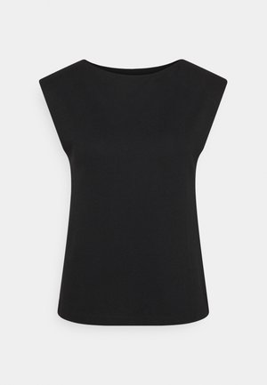 Schwarzes ärmelloses Oberteil mit weitem Ausschnitt und lockerer Passform. Glatter Stoff ohne sichtbare Muster oder Verzierungen.