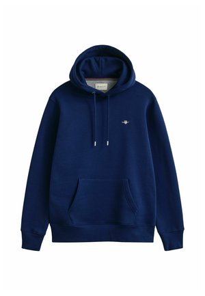 Sudadera con capucha azul marino con bolsillo tipo canguro en el frente, cordones, puños acanalados y pequeño logo bordado en el pecho izquierdo.