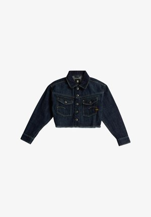 Dunkelblaue, kurze Jeansjacke mit langen Ärmeln, Knopfleiste, zwei Brusttaschen mit Klappe und Kragen auf weißem Hintergrund.