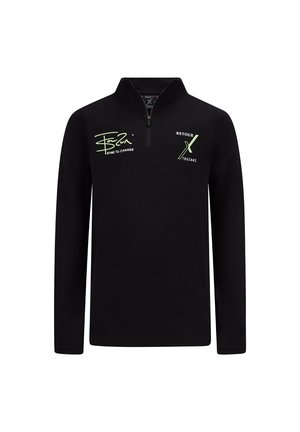 Czarna bluza z długim rękawem i półzamkiem, z zielonym napisem "Boszi TIME TO CHANGE" na lewej piersi oraz "RETOUR X TOUZANI" na prawej piersi.