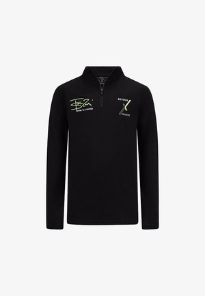 Sudadera negra de manga larga con media cremallera y texto verde "Boszi TIME TO CHANGE" en el pecho izquierdo y "RETOUR X TOUZANI" en el pecho derecho.