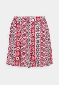 Gonna plissettata con un motivo floreale e paisley colorato in rosso, rosa, nero e bianco. Vita elastica, tessuto leggero.