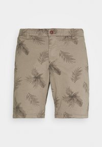 Beige kraťasy s vzorem palmových listů v tmavě hnědé barvě. Mají zapínání na knoflík a prošité lemy. Lehce materiál, vhodné pro neformální nošení.