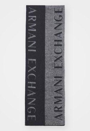 Rechteckiger Schal mit zwei vertikalen Streifen, schwarz und grau, mit dem Text "ARMANI EXCHANGE" in kontrastreichen Farben auf jedem Streifen.