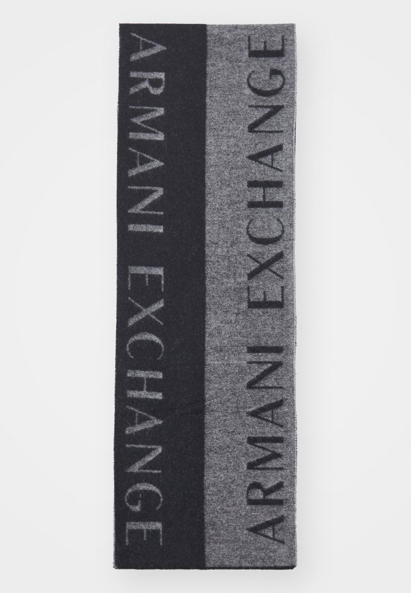 Écharpe rectangulaire avec deux bandes verticales, noire et grise, comportant le texte "ARMANI EXCHANGE" en couleurs contrastantes sur chaque bande.