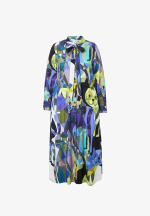 Buntes Kleid mit einem geometrischen Katzenmuster in den Farbtönen Grün, Lila und Blau. Lange Ärmel, Knopfverschluss und Kragendesign.