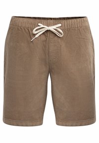 Shorts en velours côtelé marron avec taille élastique et cordon de serrage blanc, détails de couture à l'avant, et coupe jusqu'aux genoux.