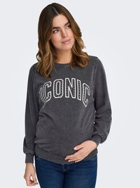 Grijze sweater met witte tekst "ICONIC", lange mouwen, geribbelde boorden en zoom, zachte textuur, gecombineerd met donkerblauwe jeans.