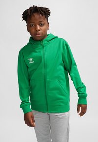 Grøn zip-up hættejakke lavet af blødt stof. Har frontlommer og et logo på brystet. Grå bukser fuldender outfittet.