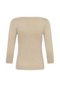 Haut en maille beige avec un large décolleté et des manches trois-quarts. Texture lisse et coupe ajustée, conçu pour un usage décontracté.