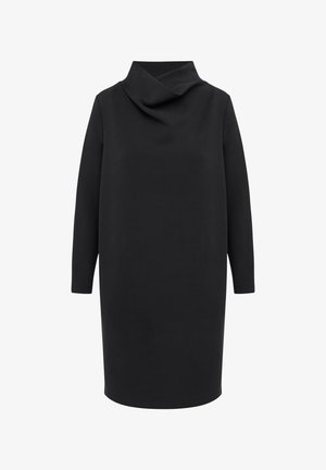 Robe noire, tissu doux, manches longues, encolure drapée, longueur genoux, design simple sans motifs visibles ni accents en métal.