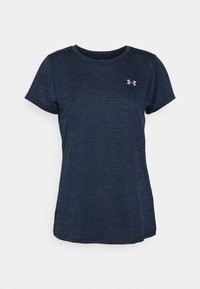 Mörkblå kortärmad sportt-shirt med rund hals och liten ljusgrå Under Armour-logotyp på vänster bröst.