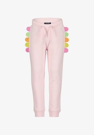 Lyserøde træningsbukser med elastisk talje, prydet med farverige, runde detaljer i grøn, gul, orange og pink langs siderne.