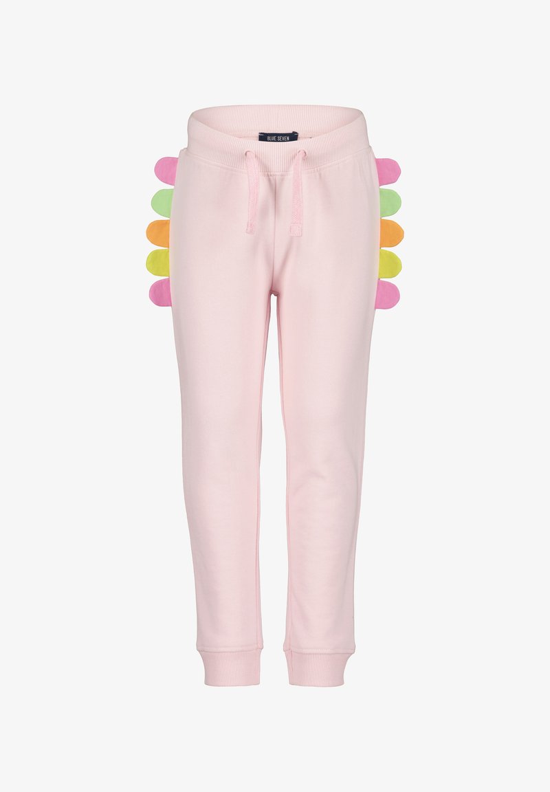 Pantalons de survêtement roses avec une taille élastique, présentant des accents colorés et arrondis en vert, jaune, orange et pink le long des côtés.