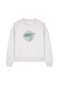 Lichtgrijze sweatshirt van een katoenmix. Kenmerkt zich door een schildpad grafiek in een teal cirkel. Geribde mouw- en zoomafwerking. Klassiek crewneck ontwerp.