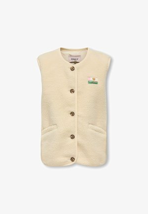 Cream-colored sleeveless fleece vest with front buttons, two side pockets, and a small "Only Vintage" patch on the upper left chest.