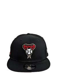 Black snapback cap featuring a red and white embroidered rattlesnake logo at the front, with a flat brim and breathable eyelets.