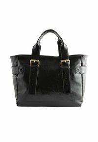 Geantă de umăr din piele neagră cu mânere duale, având accesorii din metal auriu și o formă structurată; include curele ajustabile și un fund plat.