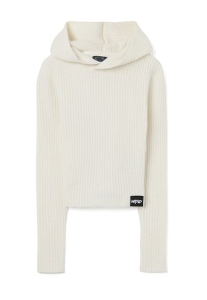 Pull cropped en tricot côtelé crème avec capuche, présentant des manches longues et une étiquette tissée noire sur l'ourlet.
