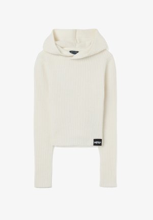 Pull cropped en tricot côtelé crème avec capuche, présentant des manches longues et une étiquette tissée noire sur l'ourlet.