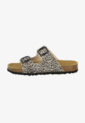 Leopard print sandals with two adjustable buckles, cork footbed, beige upper, and black rubber sole. Designed for comfort and support.