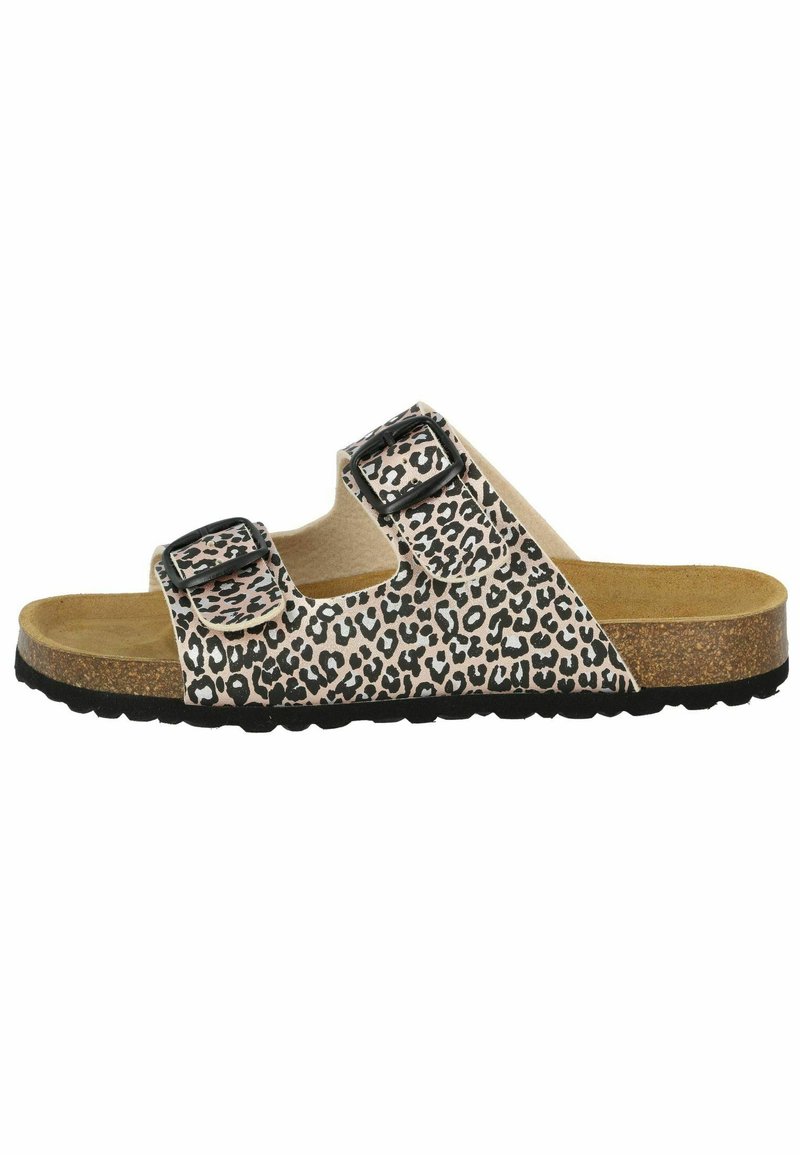 Leopard print sandals with two adjustable buckles, cork footbed, beige upper, and black rubber sole. Designed for comfort and support.