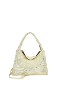 Metalen gouden geweven handtas met een hobo-ontwerp, met een slonzig silhouet, een korte ronde handgreep en een afneembare schouderriem.