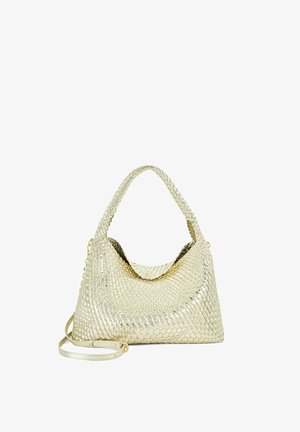 Metalen gouden geweven handtas met een hobo-ontwerp, met een slonzig silhouet, een korte ronde handgreep en een afneembare schouderriem.