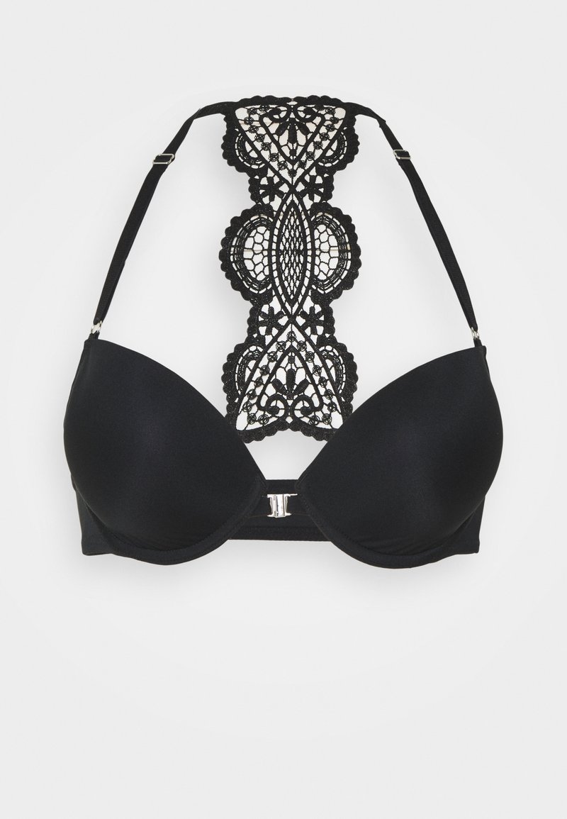 Sujetador negro con copas moldeadas, tirantes ajustables y un detalle de encaje en la parte posterior con un patrón floral y un cierre de gancho y ojo.
