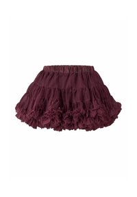 Bordeaux gelaagde tule rok met gerimpelde zoom en elastische tailleband, ontworpen voor kinderkleding.