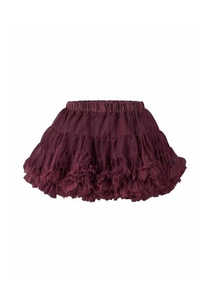 Jupe en tulle superposée bordeaux avec un ourlet volanté et une taille élastique, conçue pour les vêtements d'enfants.