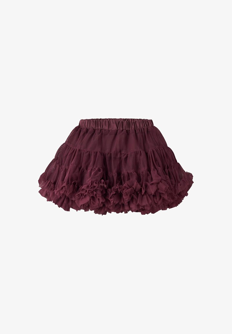 Bordeaux gelaagde tule rok met gerimpelde zoom en elastische tailleband, ontworpen voor kinderkleding.