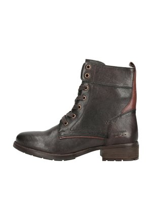 Dark brown leather ankle boot with laces, metal eyelets, low stacked heel, and contrasting brown heel patch.